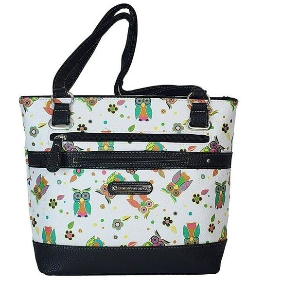 Stone Mountain Bonded Leather Printed Owls Megan Tote Shoulder Handbag 8 Pockets - Picture 5 of 12